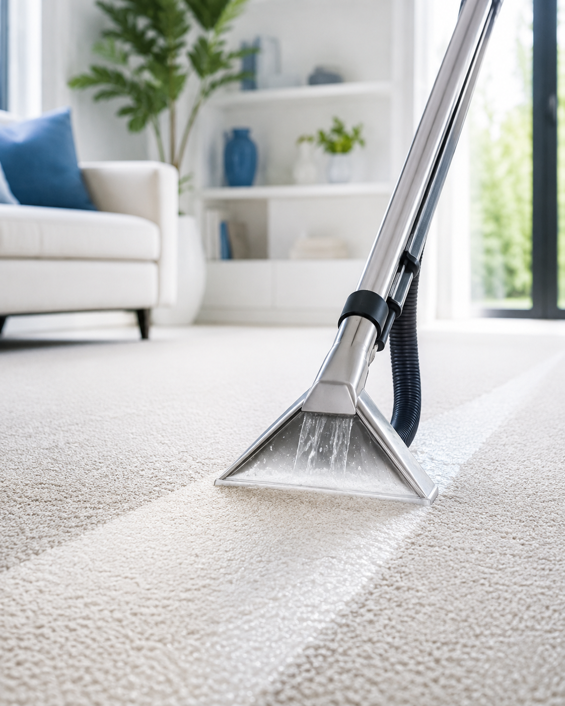 Deep extraction carpet cleaning in a bright living room
