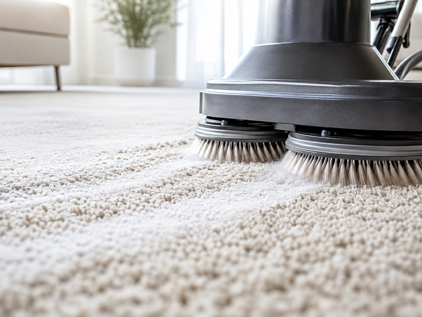Absorbent zero dry time cleaning compound being worked through carpet fibres