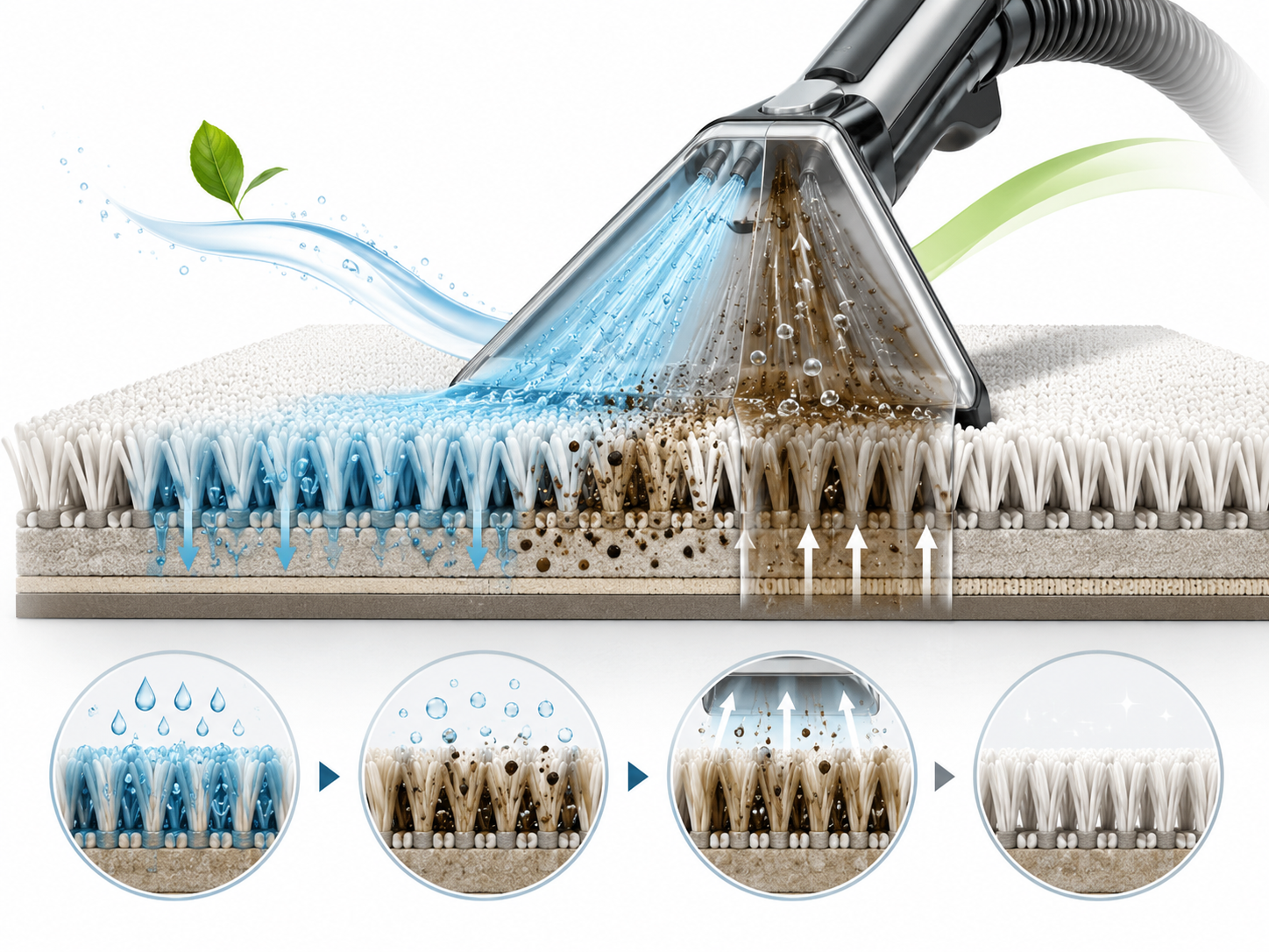 Illustration showing deep extraction rinsing carpet fibres and removing dirty water