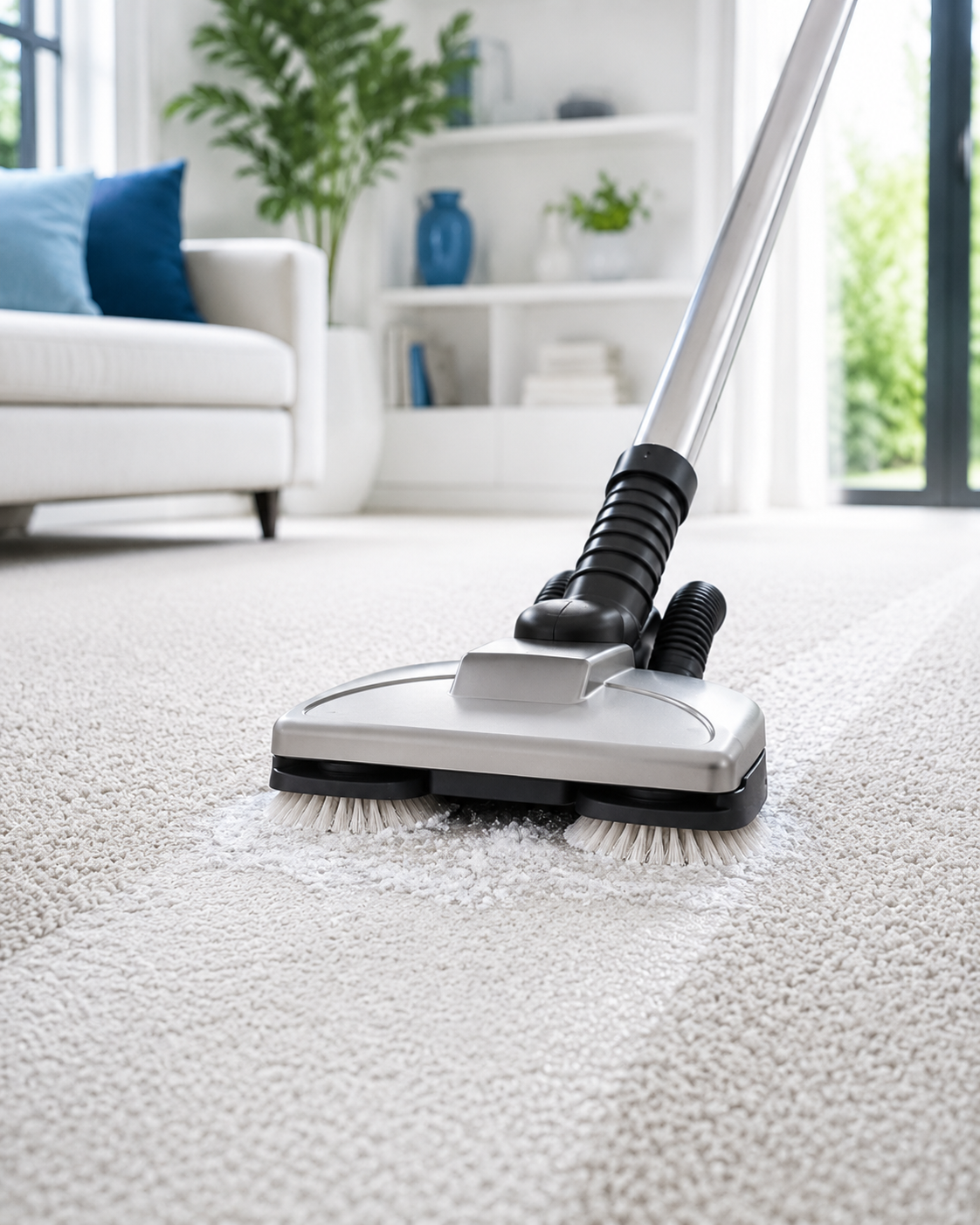 Zero dry time carpet cleaning with absorbent compound being brushed through the carpet